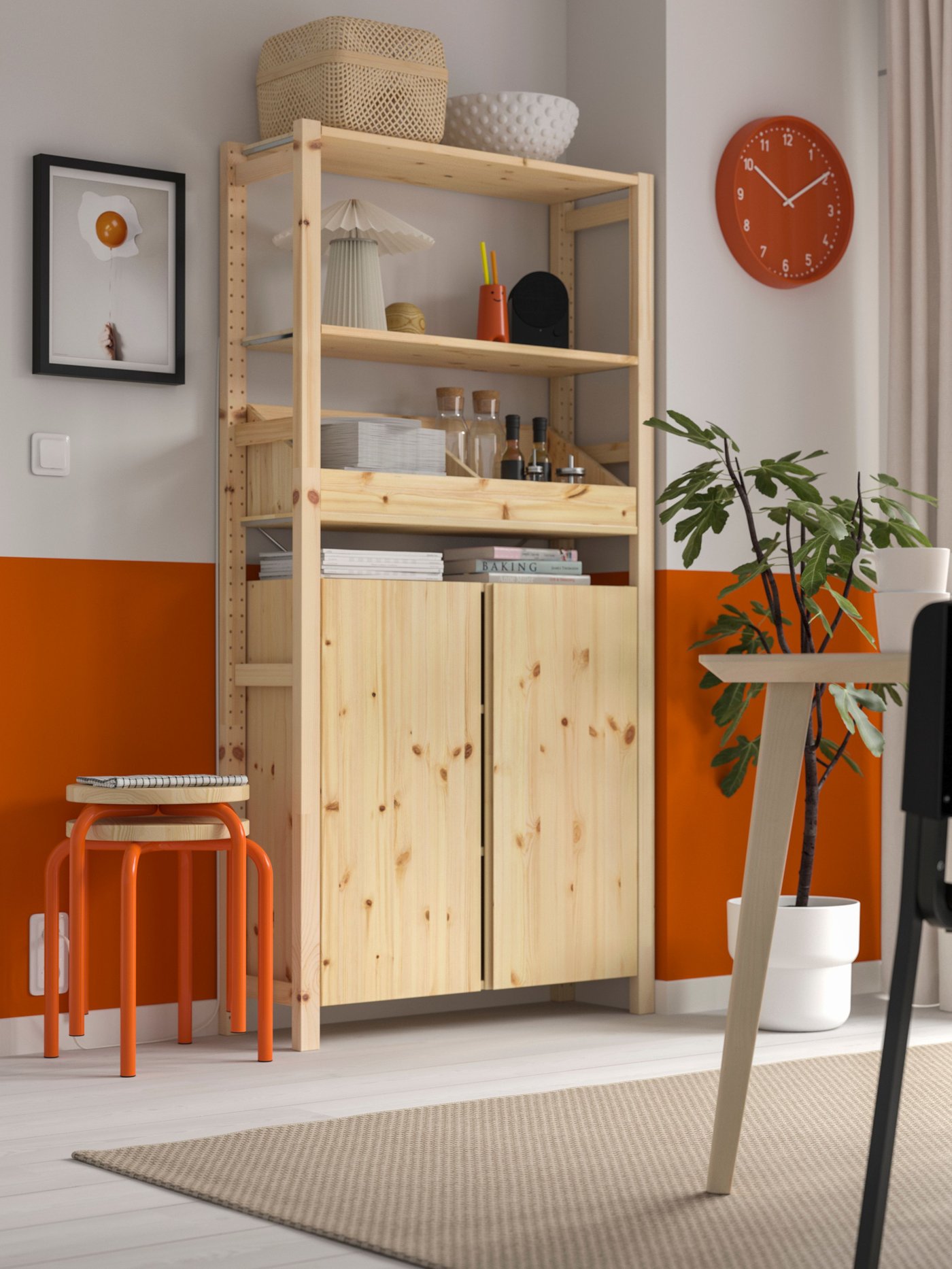 A with box shelf/pine IVAR shelving unit in the dining room