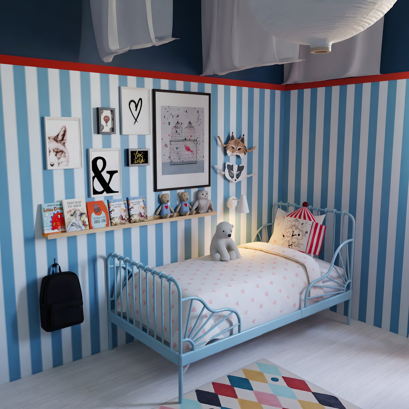 Una cama MINNEN en un dormitorio juvenil, también se ve un circo CIRKUSTALT