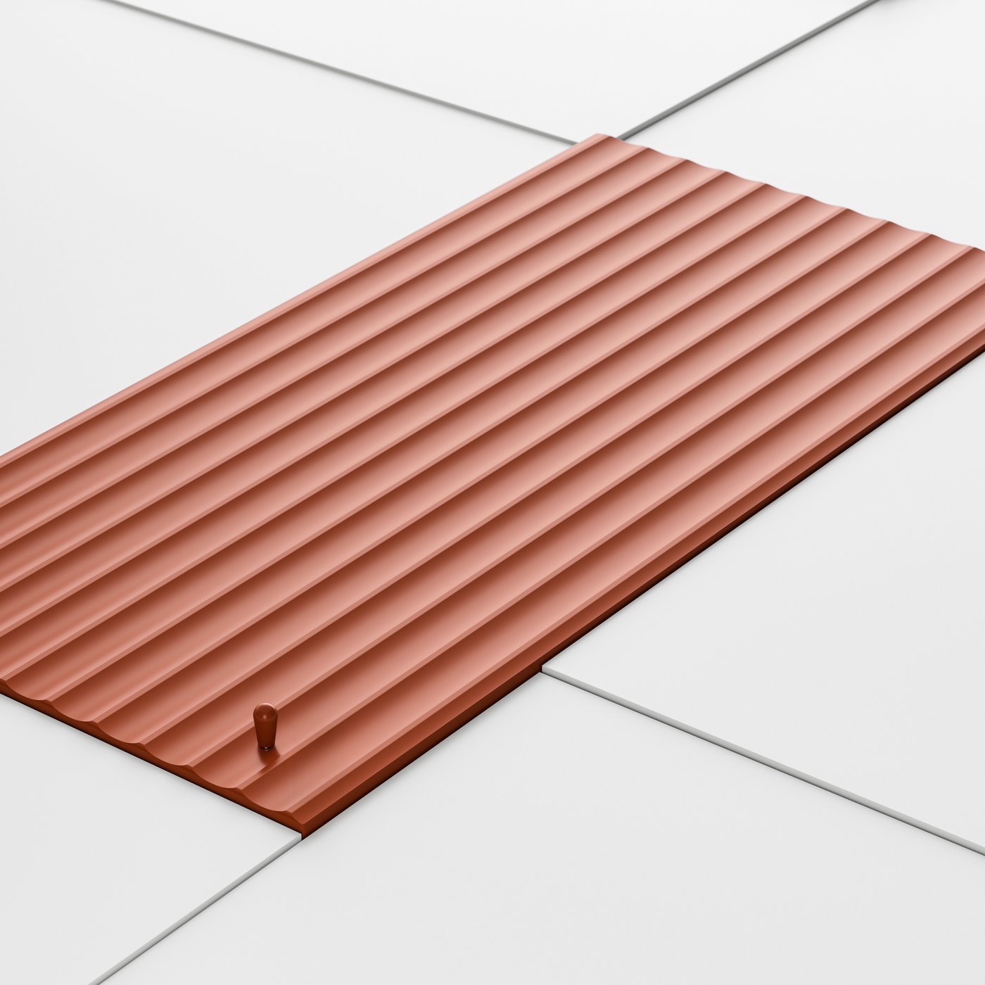 Doplnkové dvierka TERRSJÖ v tehlovočervenej farbe s vlnitým vzorom a zladenou úchytkou, obklopené bielymi dvierkami.