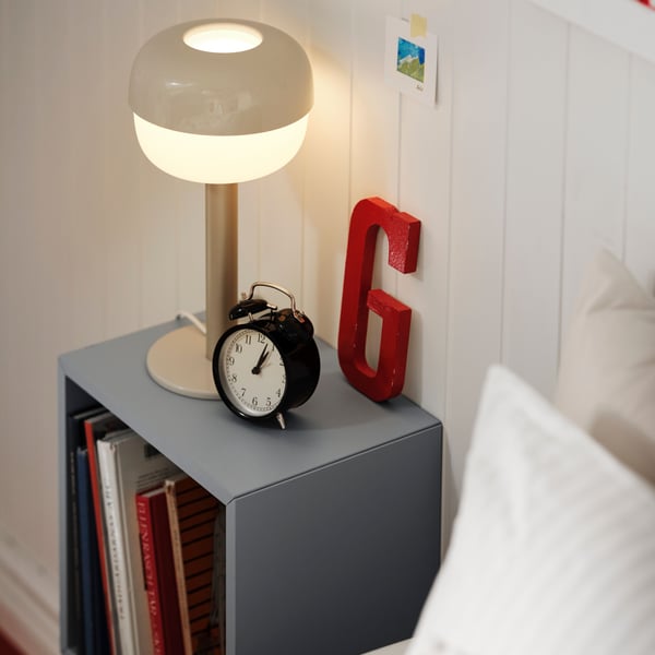 A light grey-blue EKET cabinet in the bedroom