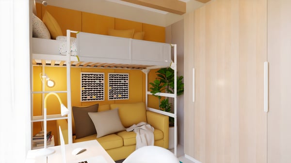 Projeto de Design de interiores de um quarto de adolescente com beliche VITVAL, sofá amarelo e secretária