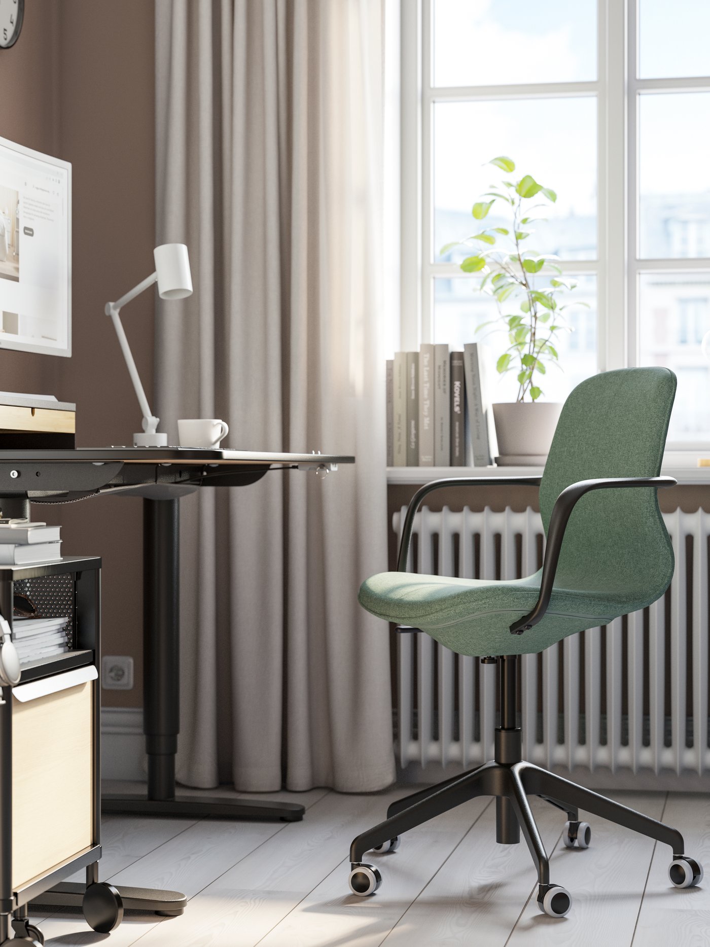 A Gunnared green-grey/black LÅNGFJÄLL conference chair with armrests