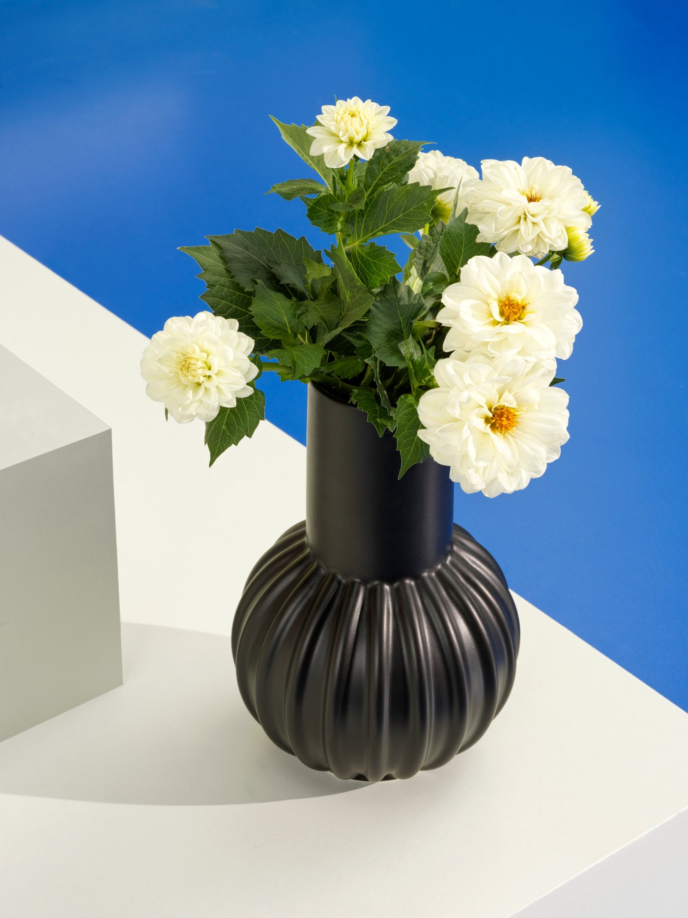 A black 27-centimetre SKOGSTUNDRA vase with white flowers stands on a white podium in a bright blue room.