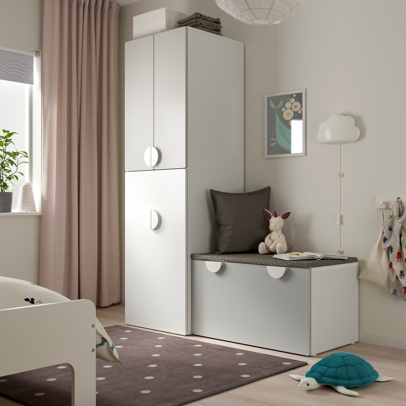 IKEA SMÅSTAD garderob med utdragsdel, vit grå/med förvaringsbänk, 150x57x196 cm