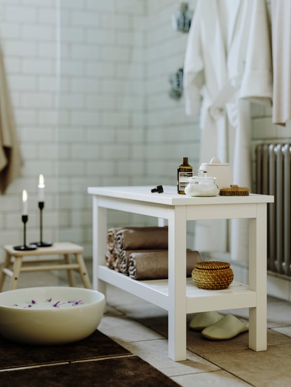 table in bathroom with accessories