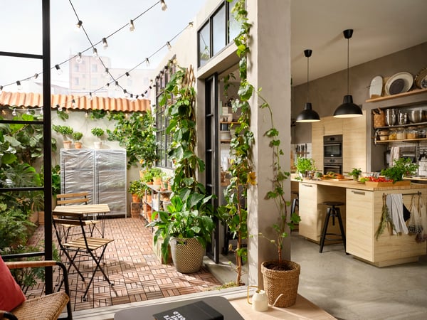 Eine Dachterrasse mit Möbeln und Pflanzen ist zu sehen.