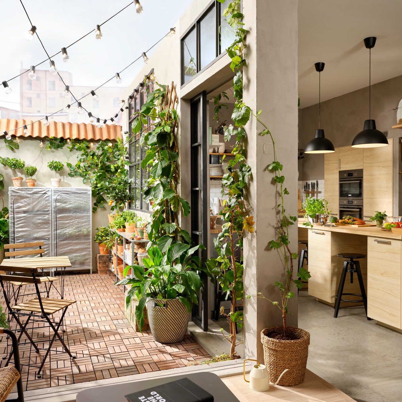 Eine Terrasse mit einem RUNNEN Bodenrost. Entlang der Wände sind verschieden grosse Übertöpfe zu sehen.