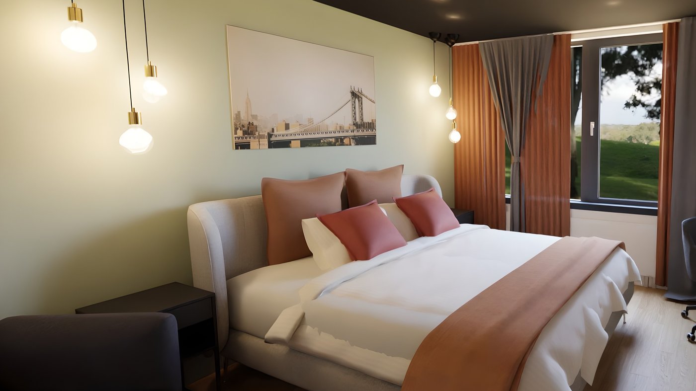 Eine Planung von einem Bett in einem Raum mit weißer Bettwäsche und roten Kissenbezügen steht an einem Fenster mit braunen Vorhängen.