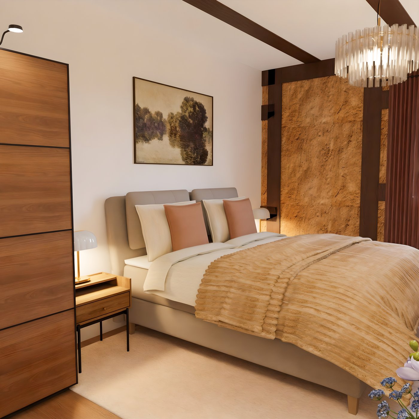 Hotelzimmer mit Bett und beigem Überwurf