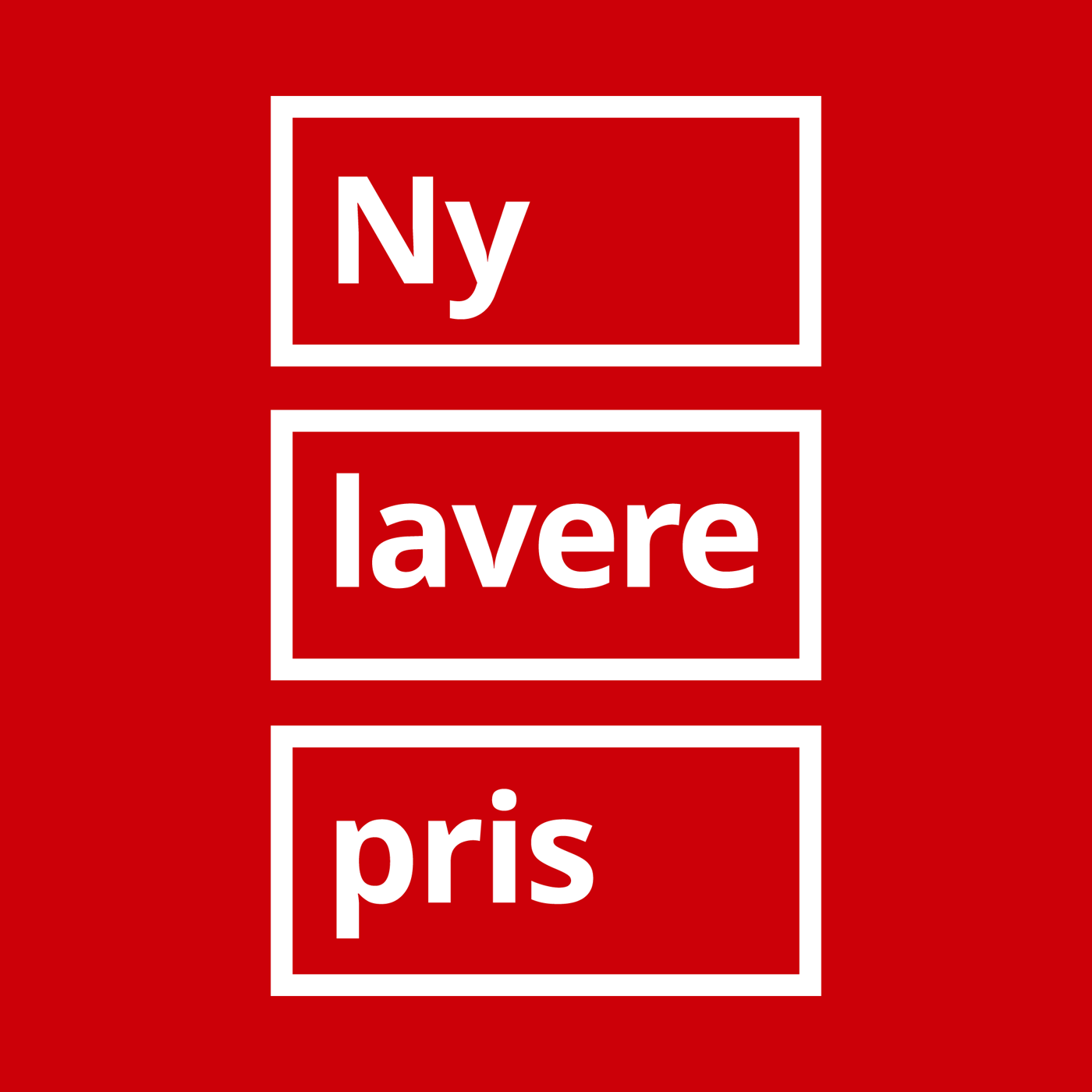 På en rød baggrund står med hvid skrift Ny lavere pris.