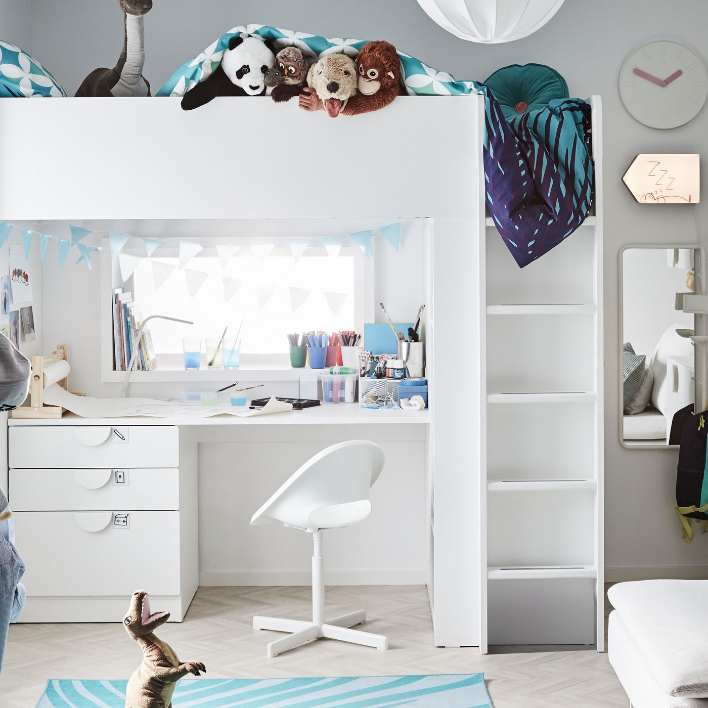 A panda DJUNGELSKOG soft toy in the bedroom