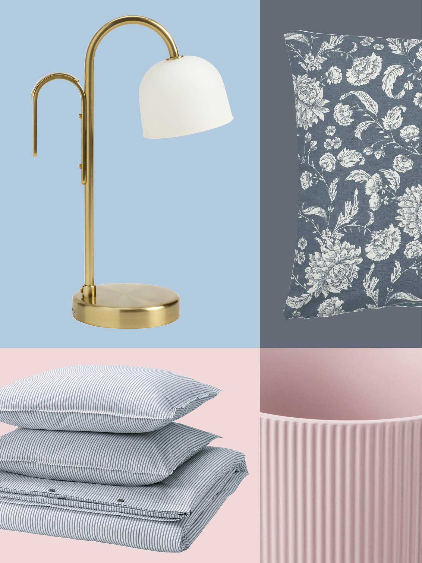 A floral cushion, striped IKEA bedding, a gold‑arched lamp and a pink ribbed vase come together to create a fresh and refined bedroom aesthetic.