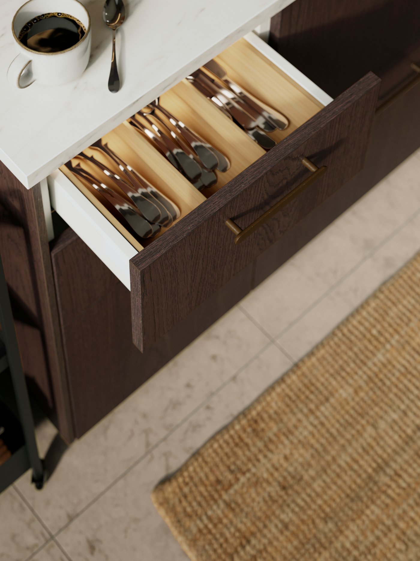 Une cuisine avec des tiroirs SINARP, des portes et une suspension noire. Un chariot avec des bols se trouve à côté d’une fenêtre.