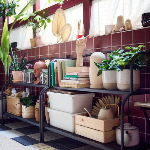 A bright enclosed balcony with two grey LÄCKÖ shelving units made for outdoor use, displaying various plants and books.