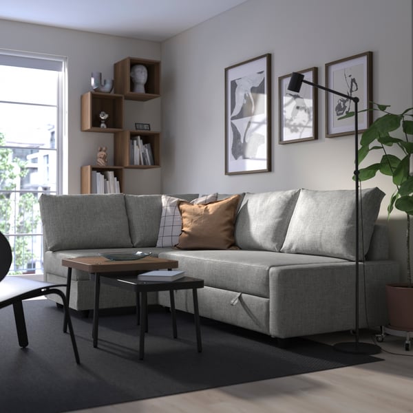 A with extra back cushions/Faringe light grey FRIHETEN corner sofa-bed with storage