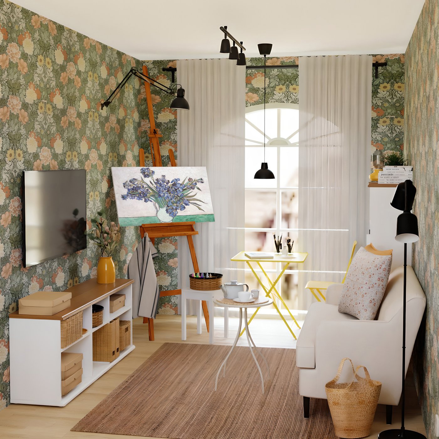 Living room with white sofa, white TV bench and walls with floral wallpaper.