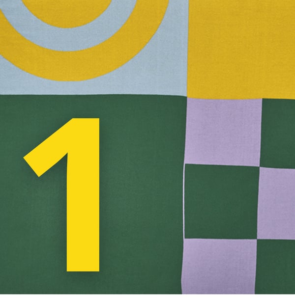 Abstrakcyjny wzór geometryczny w kolorach żółtego, zielonego, fioletu i błękitu z dużą cyfrą 1 w centrum