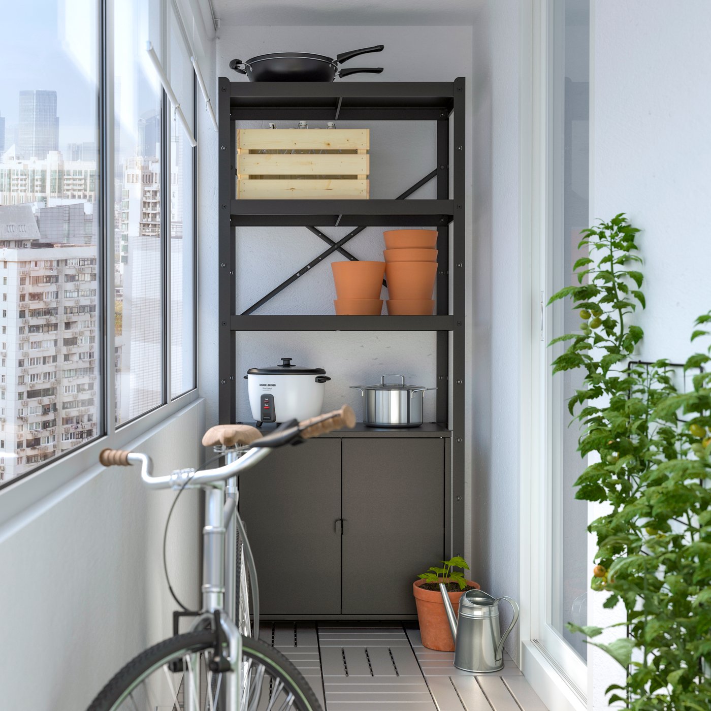 A black BROR shelving unit with cabinet