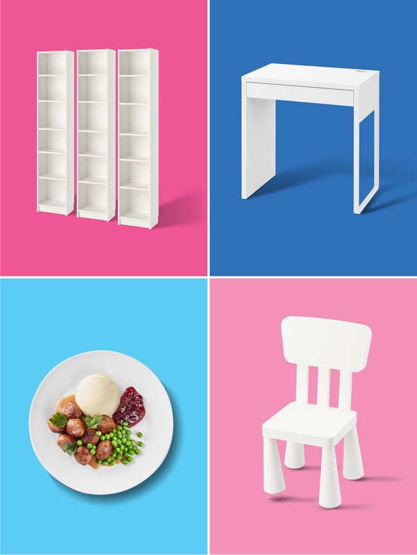 Mreža s štiribarvnimi celicami, v kateri so IKEA izdelki: knjižna omara, miza, stol in mesne kroglice