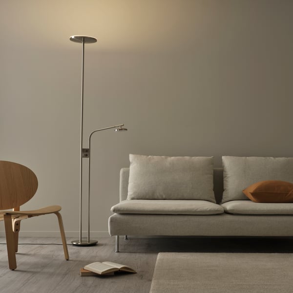 A dimmable/nickel-plated ISJAKT LED floor uplighter/reading lamp
