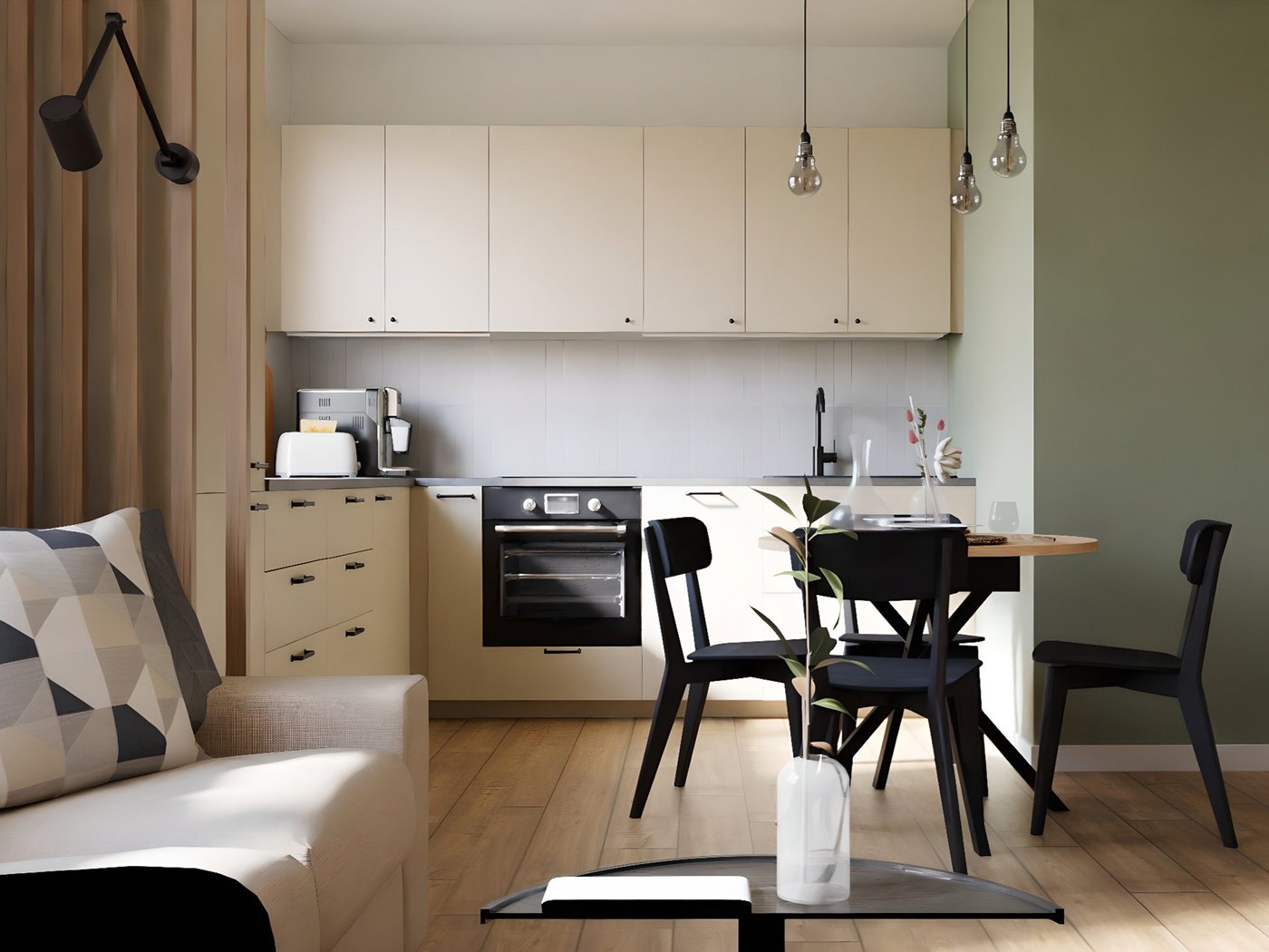 Projekt pokoju dziennego z aneksem kuchennym wykonany przez projektantów wnętrz IKEA.