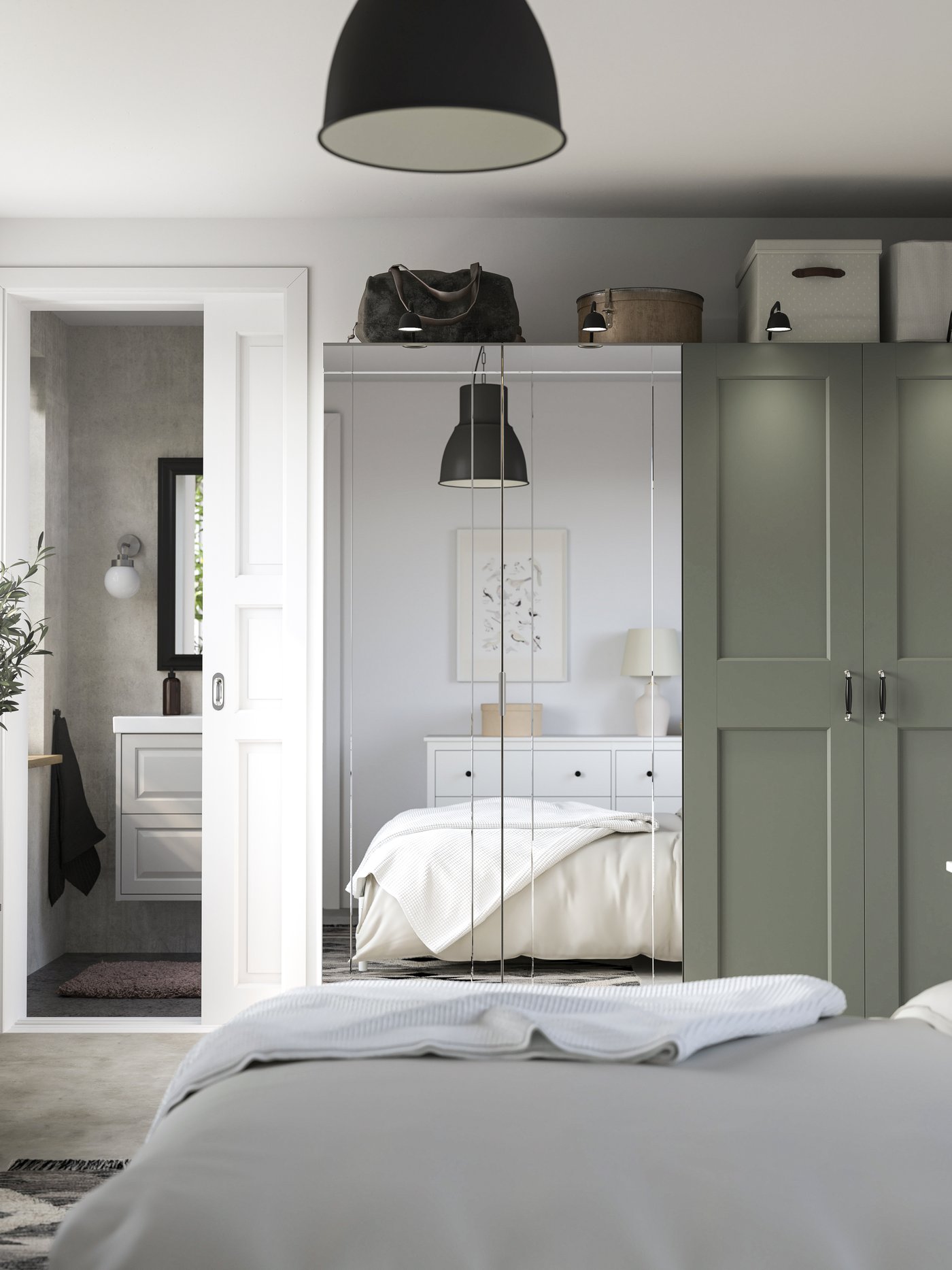 A white/mirror glass grey-green PAX wardrobe combination
