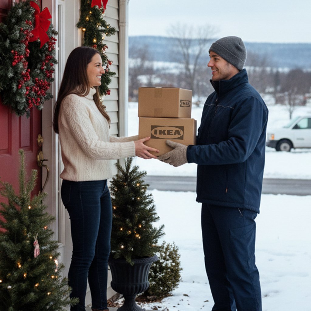 An IKEA delivery man handing parcels to a customer in front of her home.