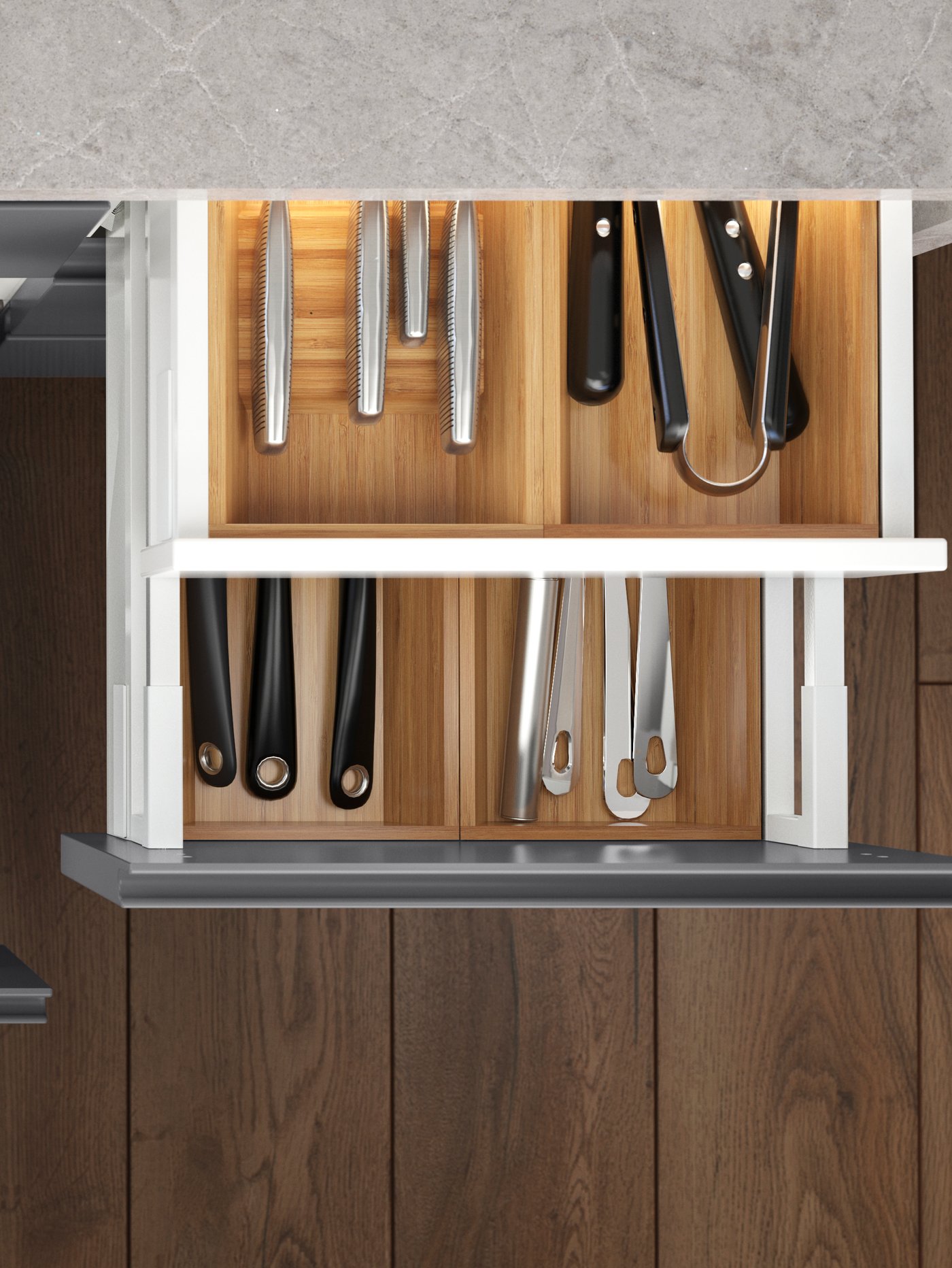 A bamboo VARIERA utensil tray in the kitchen