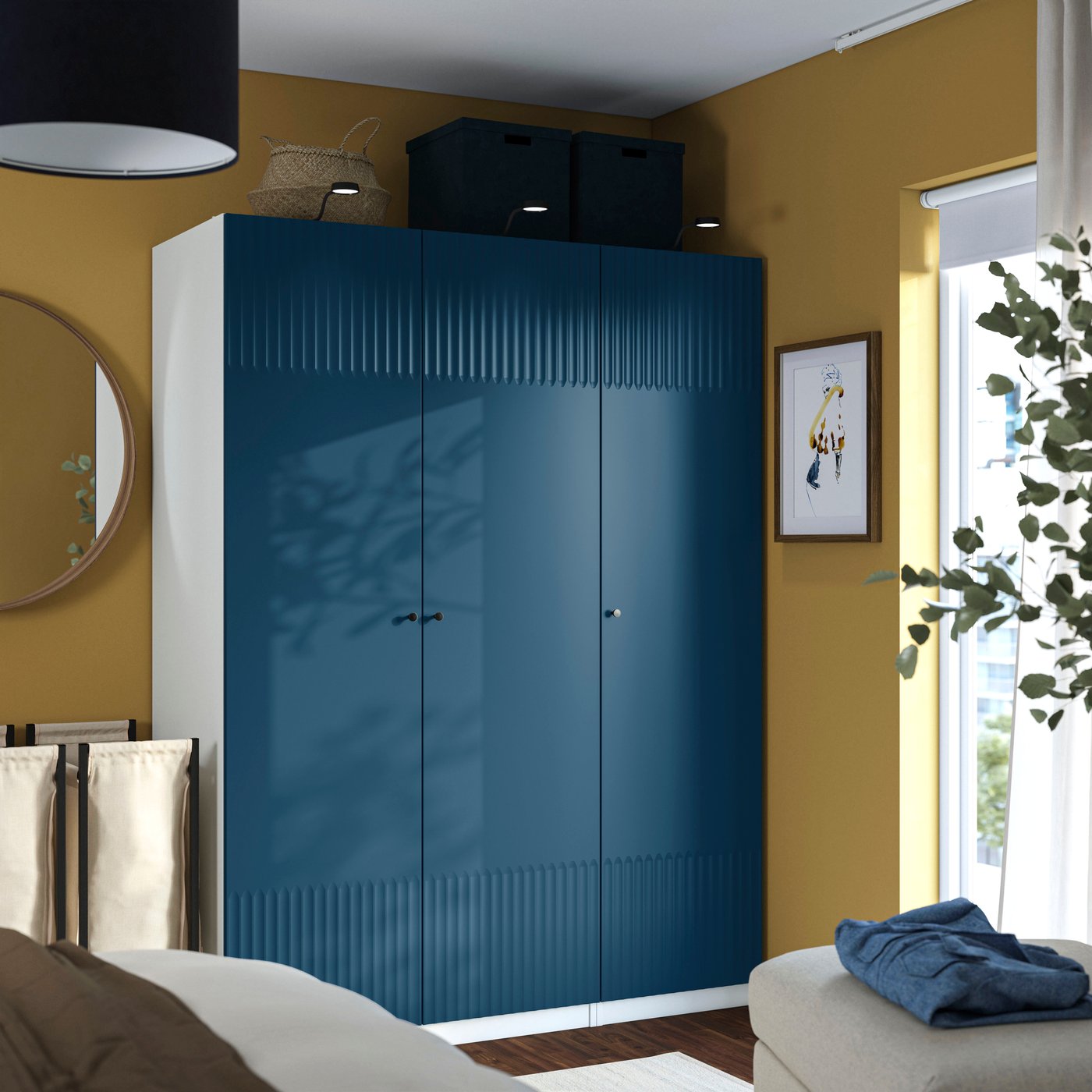 IKEA PAX / FYRUDDEN garderobskombination, vit/blå, 150x60x201 cm
