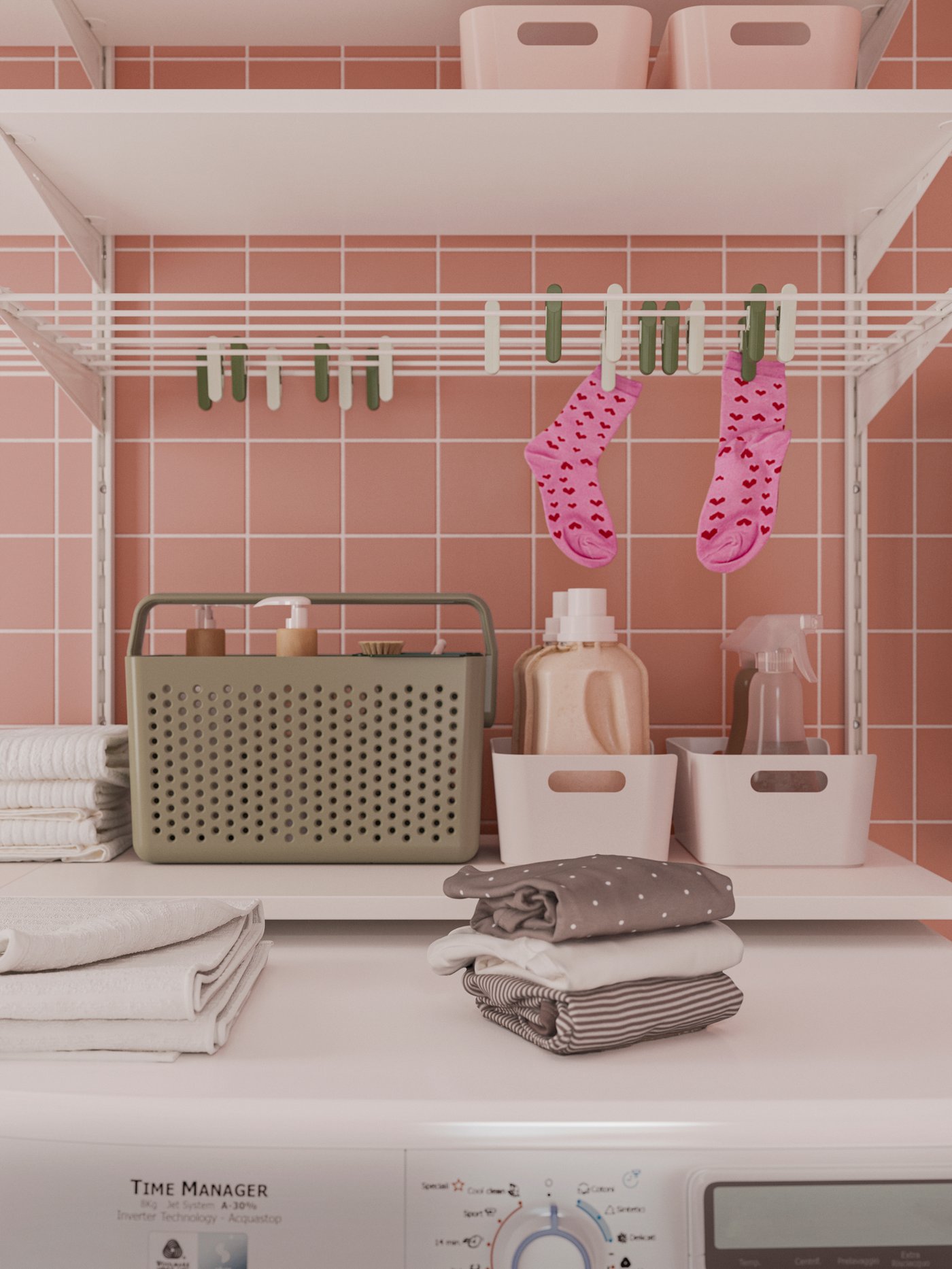 A light pink UPPDATERA box in the bathroom