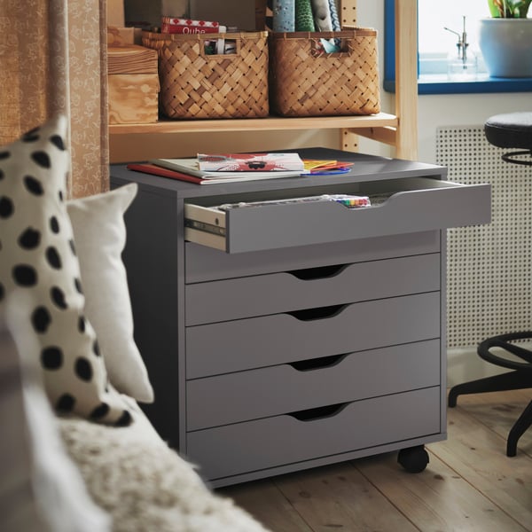 A dark grey ALEX drawer unit on castors.