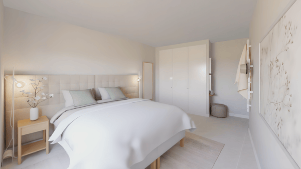 Projeto de Design de interiores com cama de casal com cabeceira RYKKINN