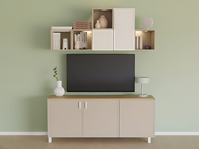 Un meuble BESTA dans lequel des jeux de société y sont pour partager des moments de qualité avec les enfants.