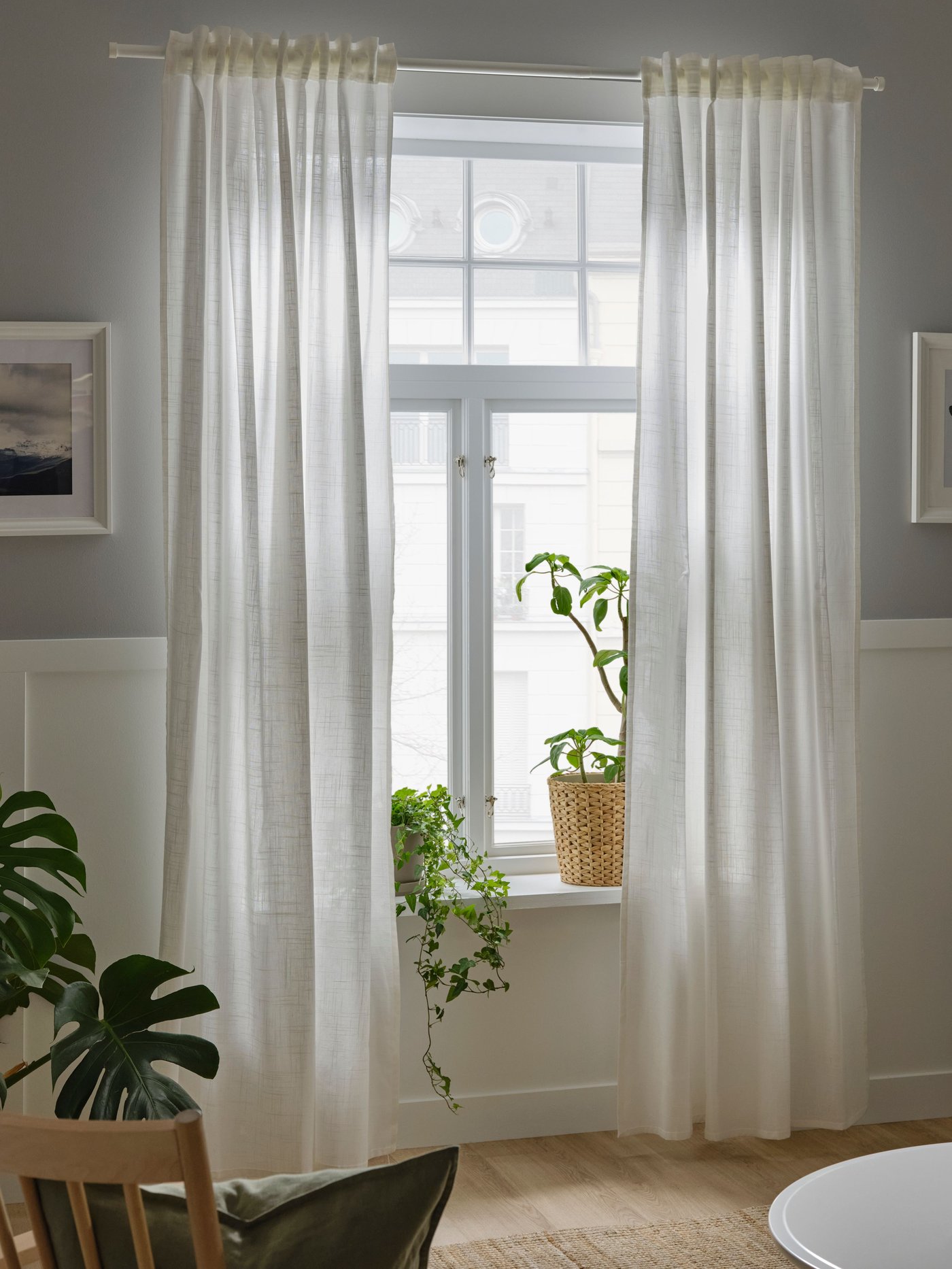 A white/with heading tape SILVERLÖNN sheer curtains, 1 pair