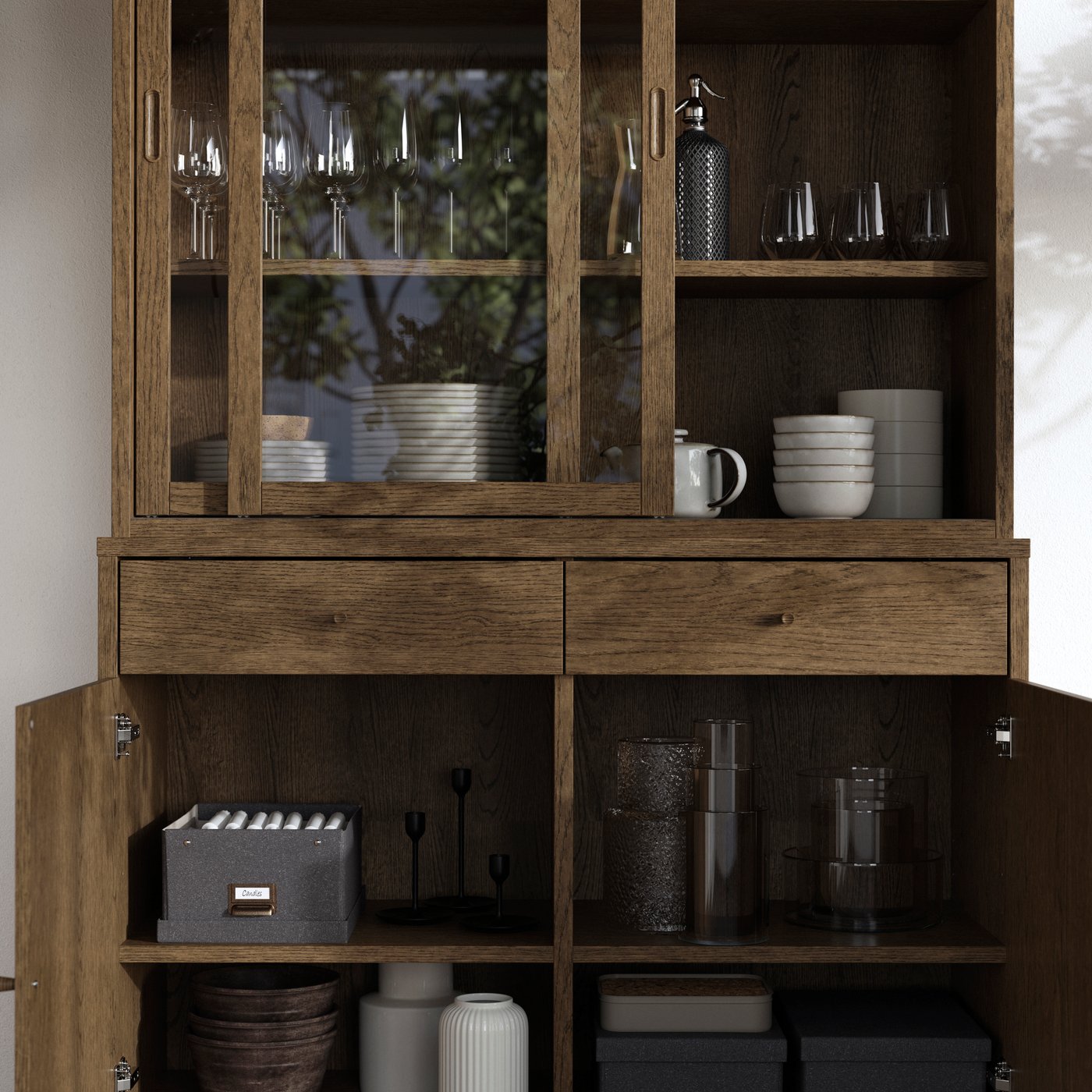 A brown stained oak veneer/clear glass TONSTAD storage comb w sliding glass doors