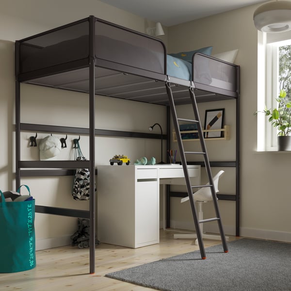 A dark grey TUFFING loft bed frame