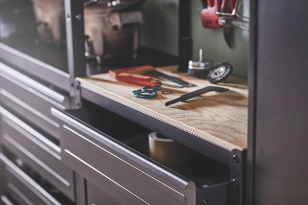 A black/pine plywood BROR work bench with drawers
