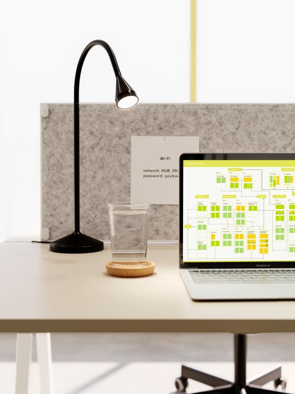 A cork IKEA 365+ coaster in the home office