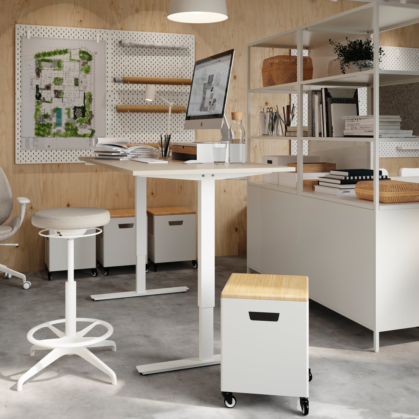 A beige/white TROTTEN desk sit/stand
