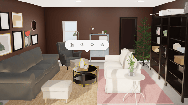 3D living room planner view with sofas, shelving, accent tables, and room layout controls.