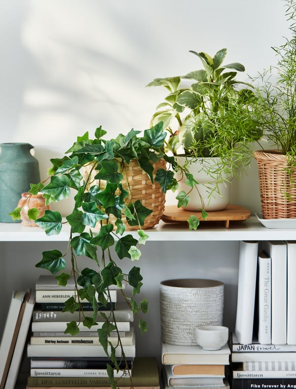 A section of a white BILLY bookcase filled with a mix of books and FEJKA artificial plants in various plant pots.