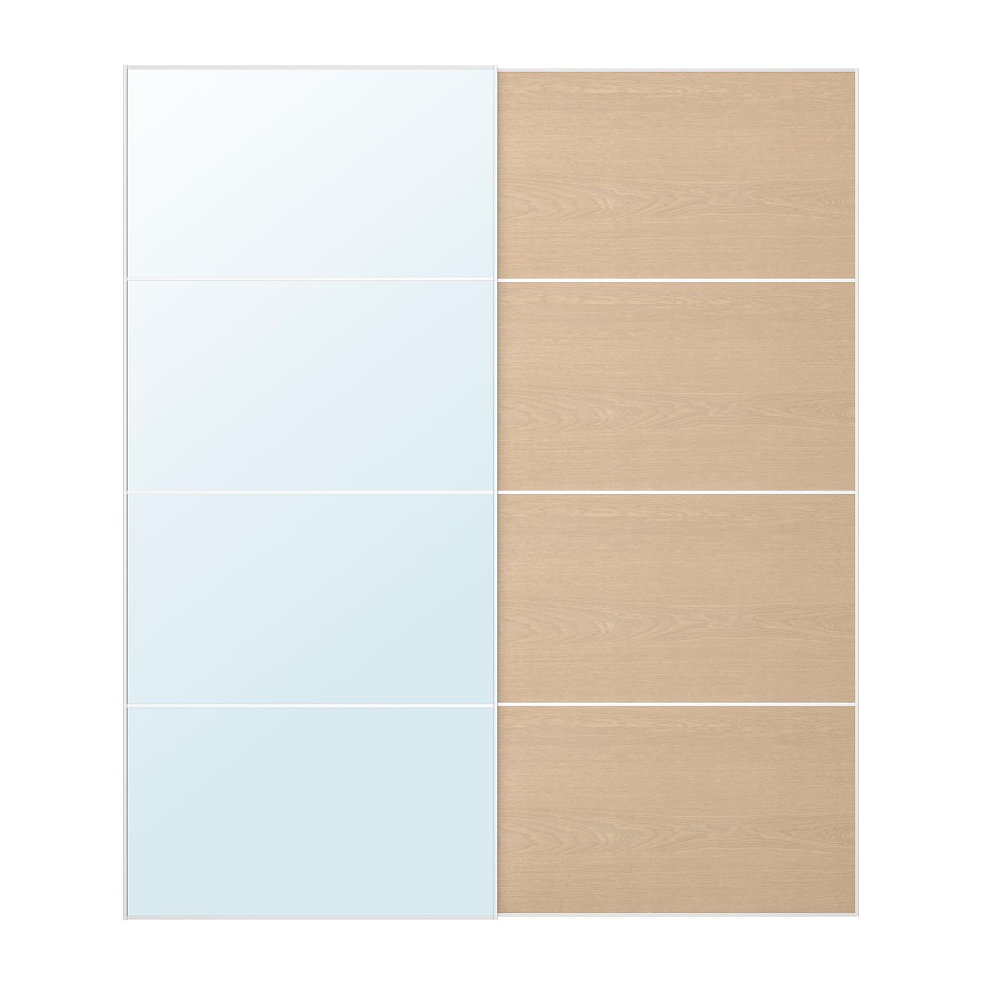 IKEA AULI / MEHAMN skjutdörrpar, aluminium spegelglas/dubbelsidig vitlaserad ekeffekt, 200x236 cm