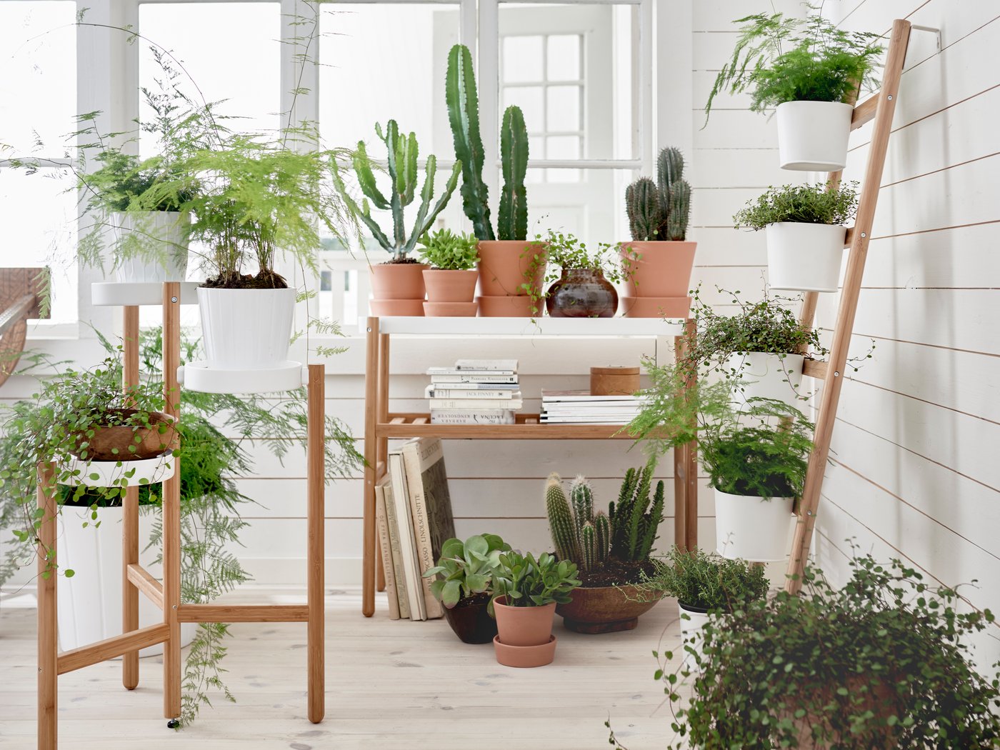 A bamboo/white SATSUMAS plant stand with 5 plant pots