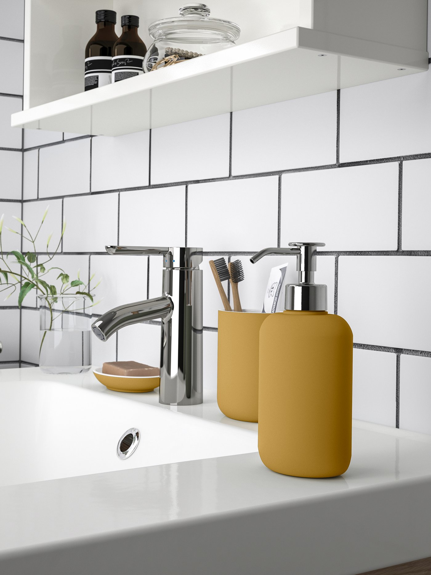 A dark yellow EKOLN soap dispenser