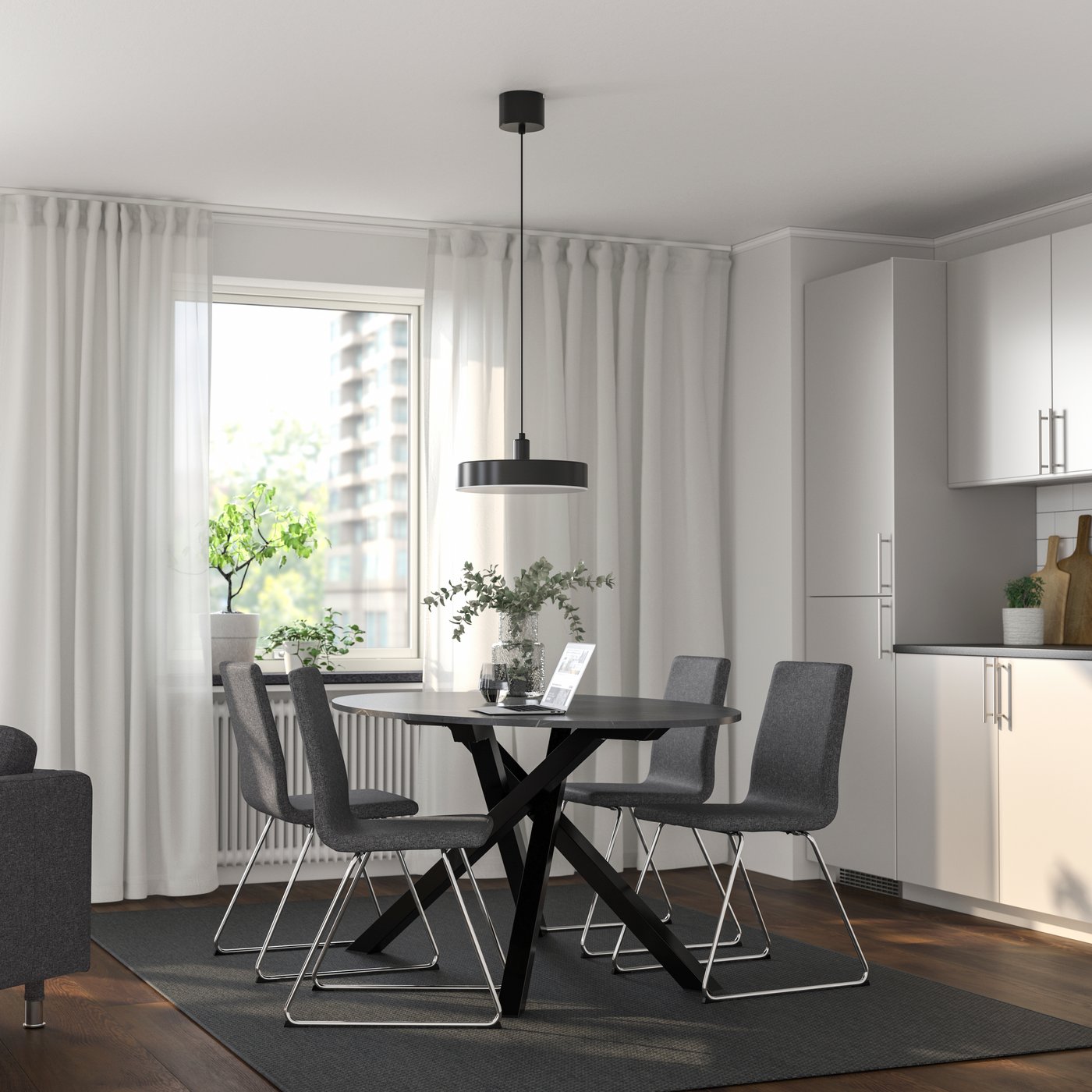 IKEA MARIEDAMM / LILLÅNÄS bord och 4 stolar, svart marmormönstrad/gunnared mörkgrå förkromad, 180x100 cm