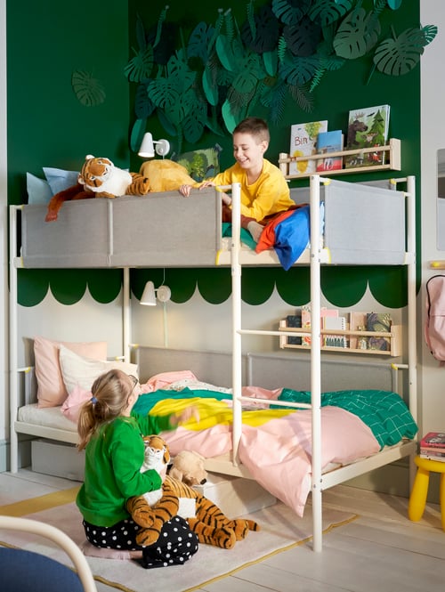 Children's room with bunk bed frame, spotlight, wall storage, children's stool, quilt cover and pillowcase, kids playing.
