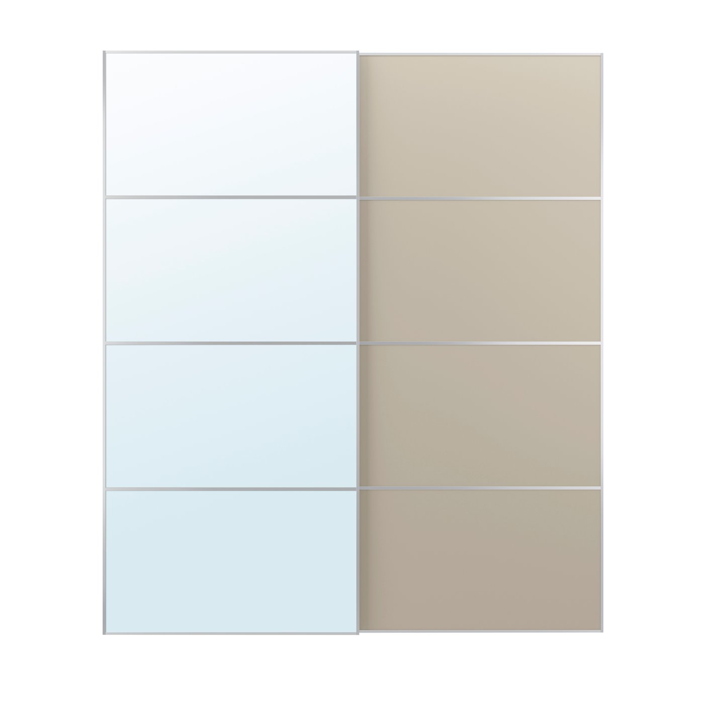 IKEA AULI / MEHAMN skjutdörrpar, aluminium spegelglas/dubbelsidig gråbeige, 200x236 cm
