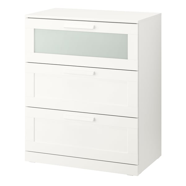 A white/frosted glass BRIMNES chest of 3 drawers in the NA