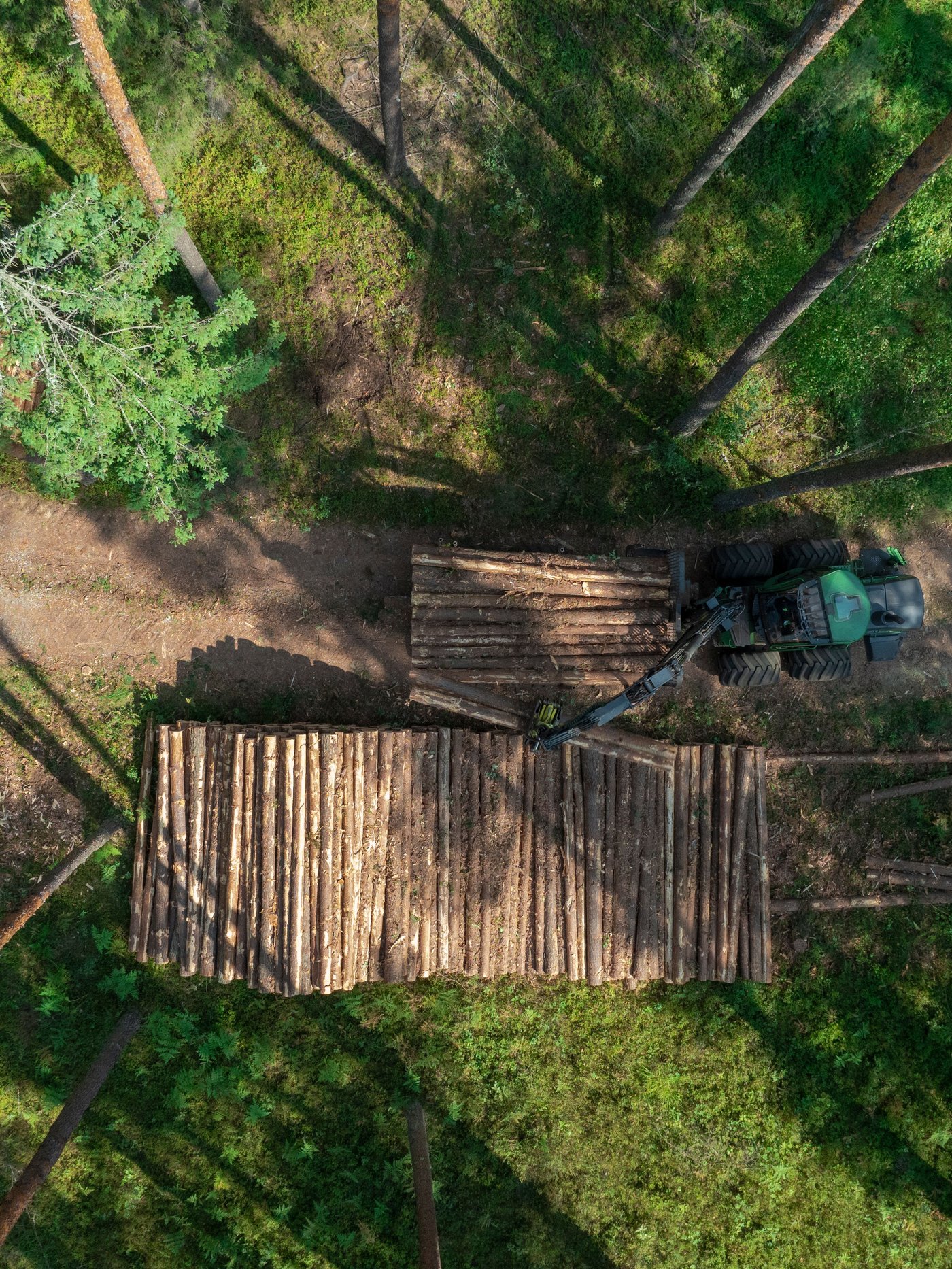 Yläilmasta otettu kuva, jossa pinottuja kaadettuja puita metsässä. Vieressä traktori.