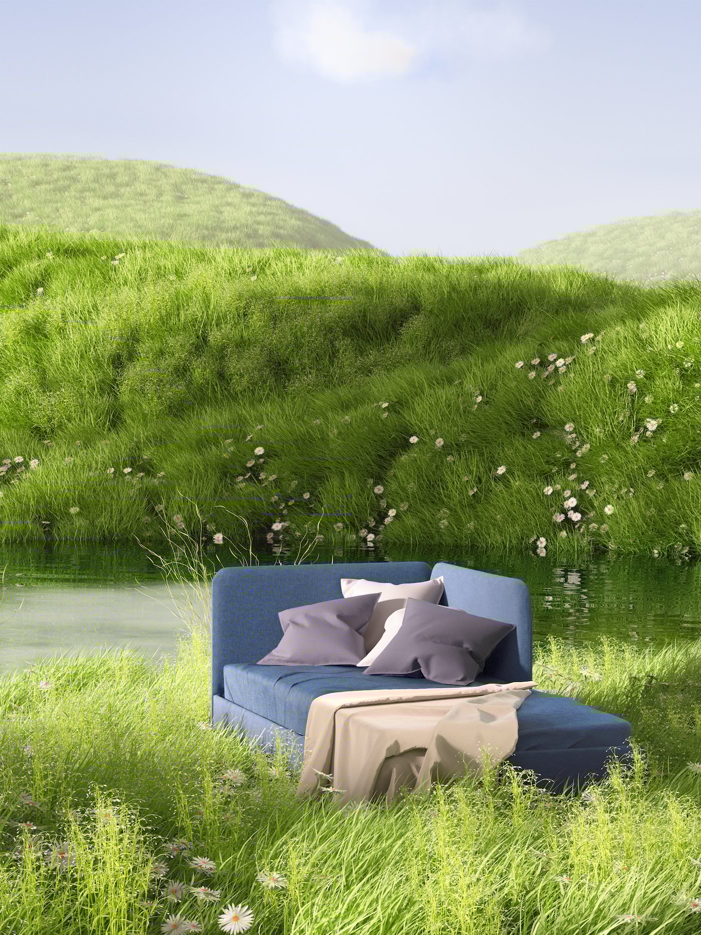 Medium-blue BLÅKULLEN bed frame with corner headboard, a throw and cushions on top, stands by a pond among lush green grass.
